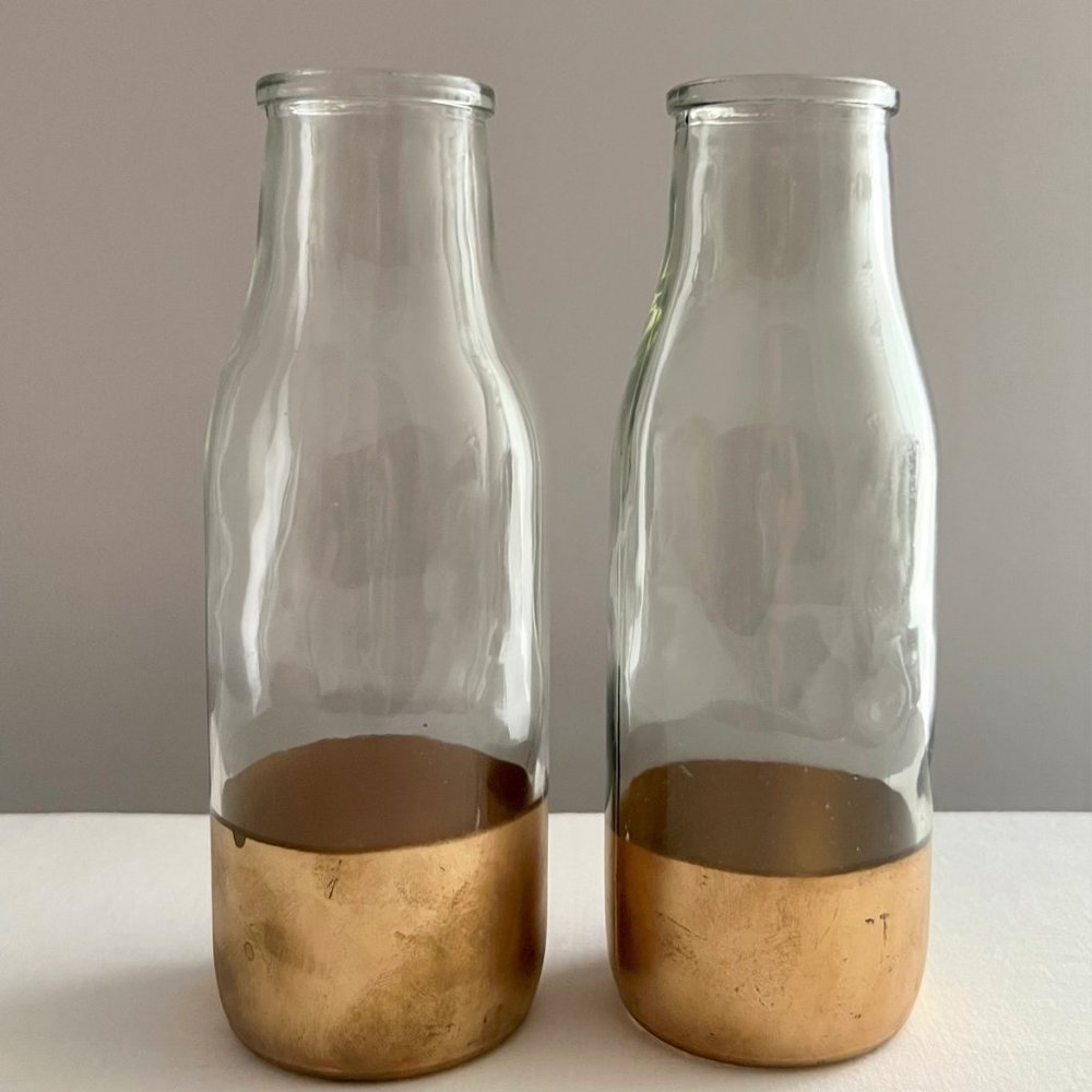 2 Hosley Gold Dipped Milk Glass Bottles